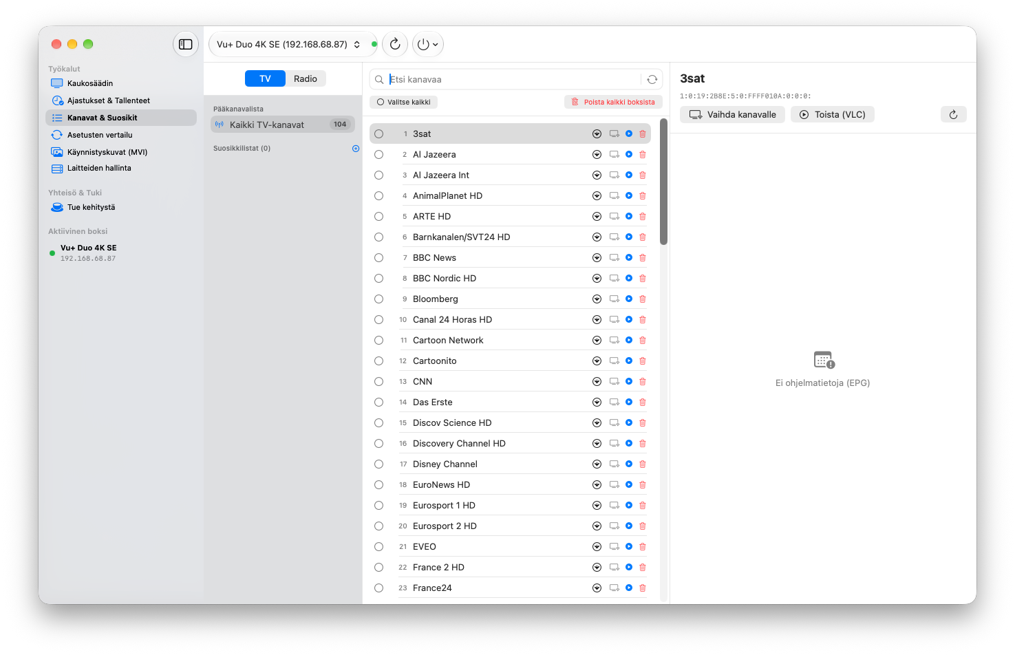 EnigmaSuite Kanavaeditori ja EPG